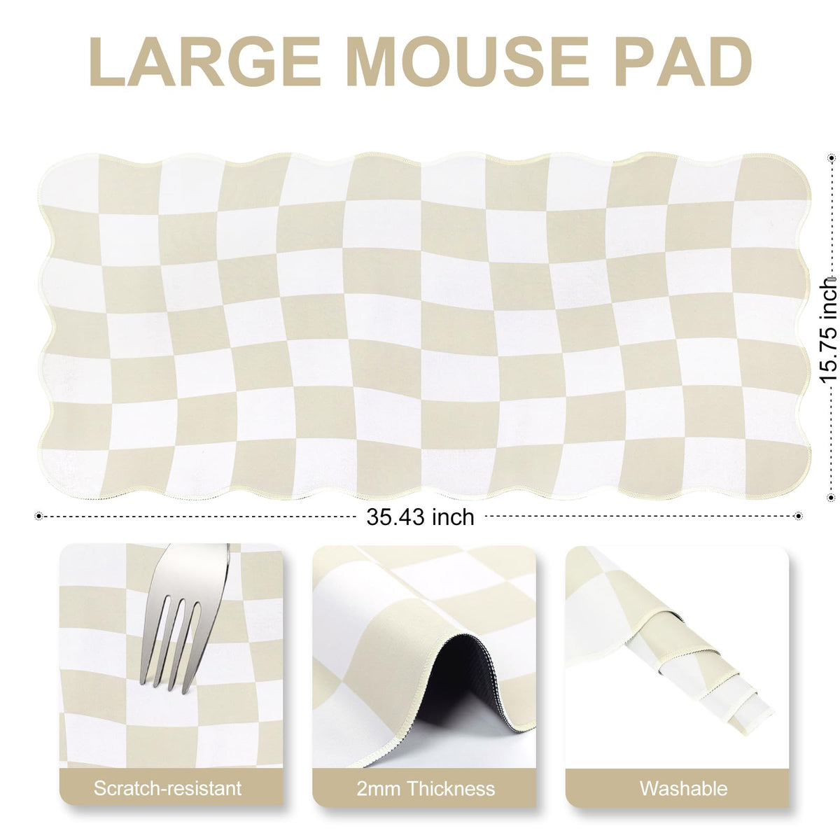 L-SPOUTTO Beige Checkered Mouse Pad,Scalloped Desk Mat XXL Gaming Mousepad