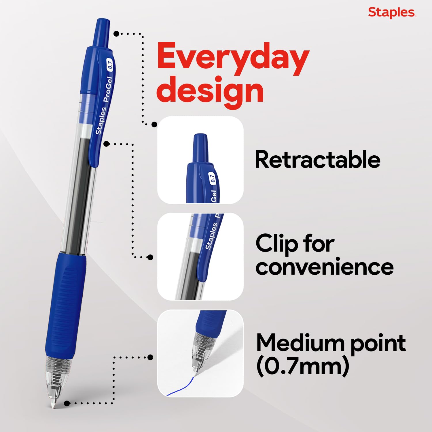 Staples ProGel Retractable Gel Pens, Fine 0.7mm, Blue Ink, 36-Pk