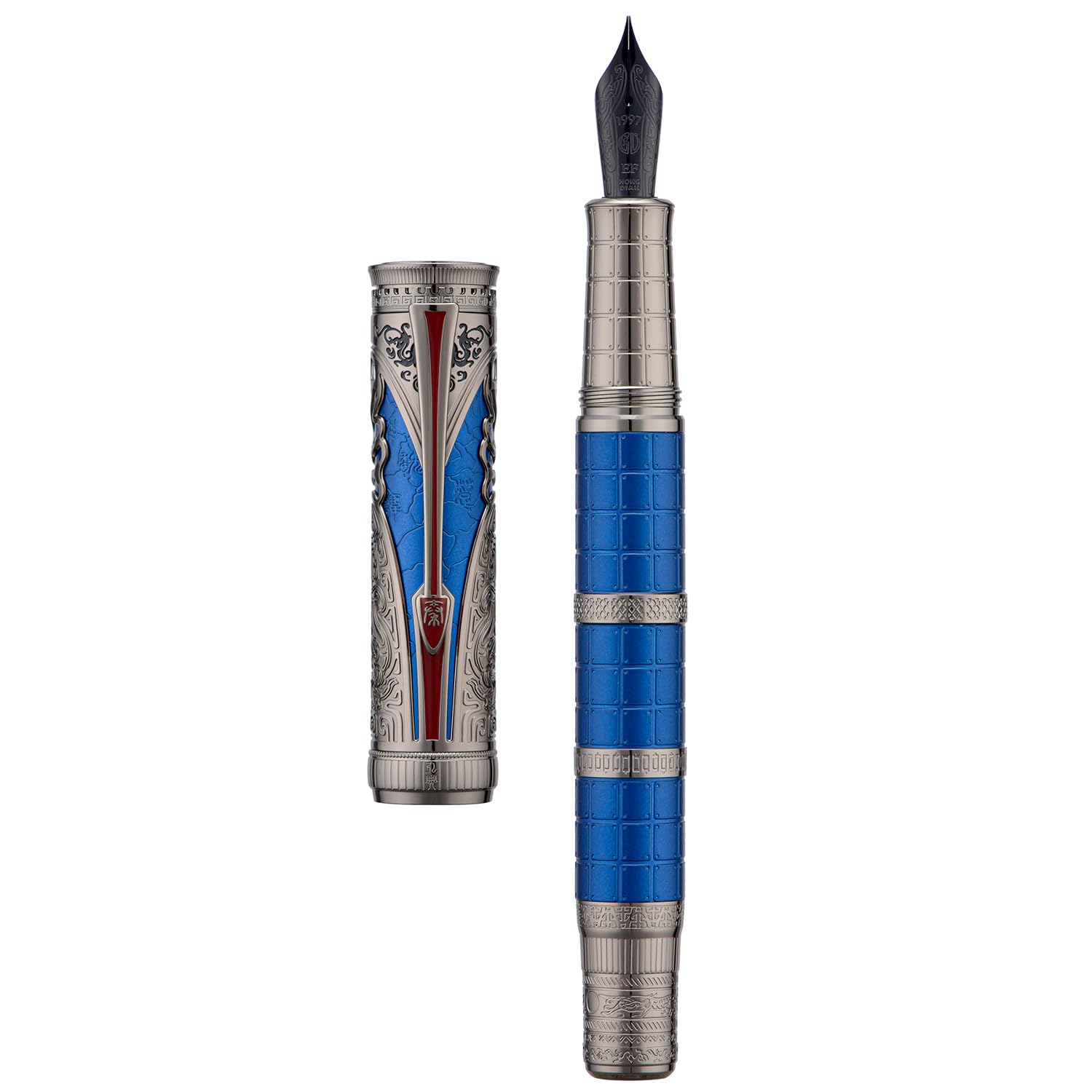 Hongdian D5X Fountain Pen Blue Color Fine Nib, Qin Dynasty Retro Chinese Totem Engraving Smooth