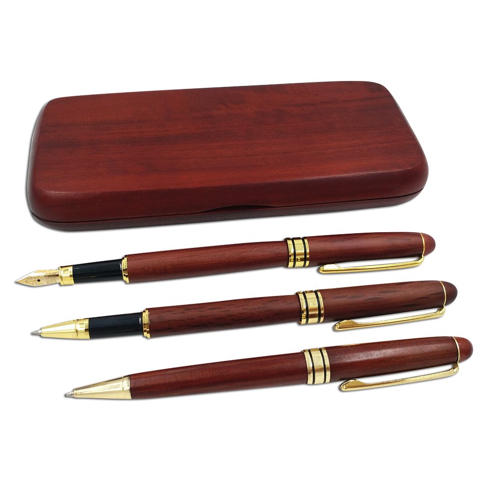 3 Pcs Wooden Pens Set with Gift Case/Best Writing Fountain Fancy Ballpoint Pen and Luxury Gel Pen