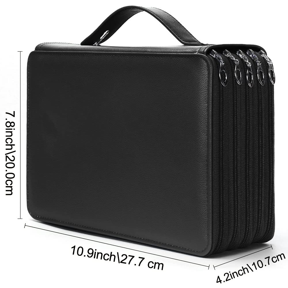 Vomgomfom 252 Slots Pencil Case 5-Layer PU Leather, Handle, Solid Black