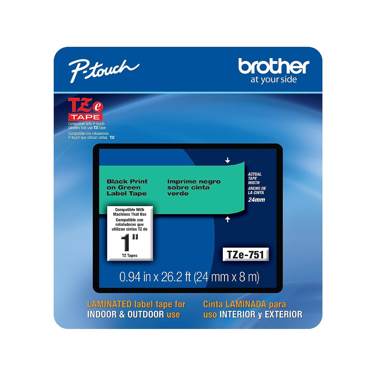 Brother Genuine P-touch, TZe-751CS, 0.94” x 26.2’, Black on Green Laminated Label Tape