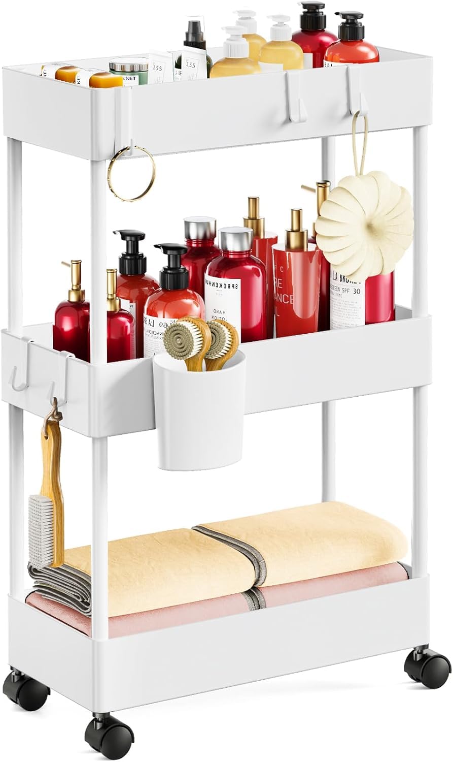 Pipishell 3 Tier Slim Storage Cart with Wheels, Bathroom Cart, White