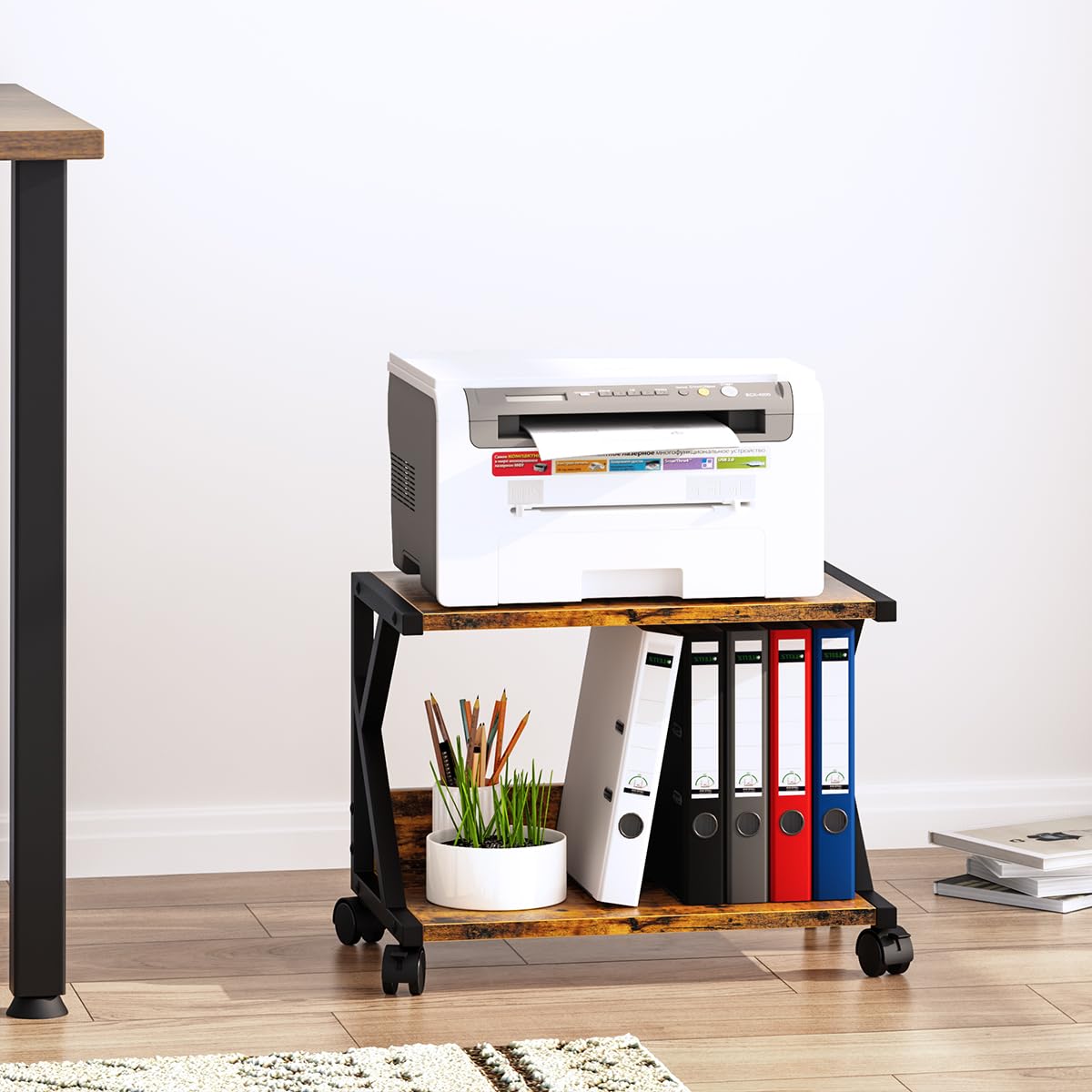 aboxoo Desktop Printer Stand with 2 Tier Wood Storage Shelves,Under Desk Printer