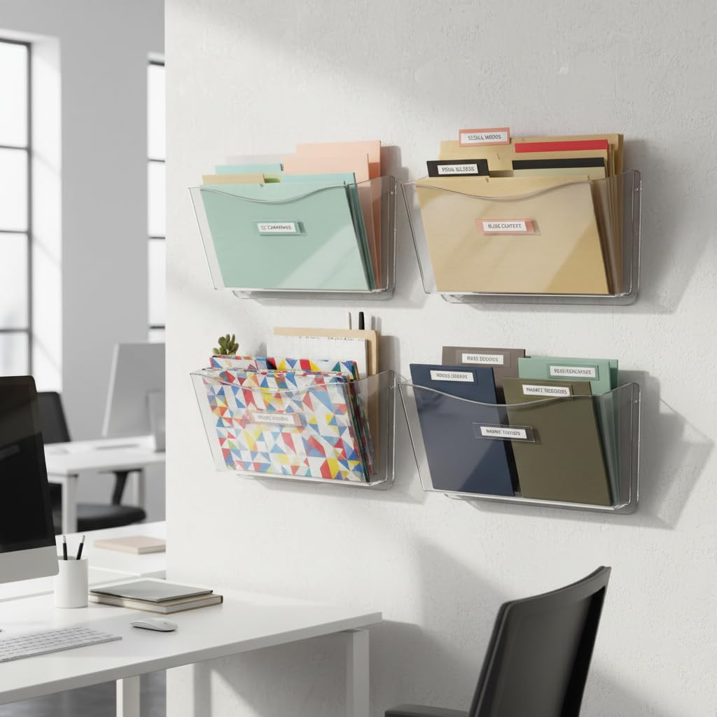 Azar Displays 250025 Clear Plastic Wall Mount File Holder with Hanging Hardware (4-Pack)