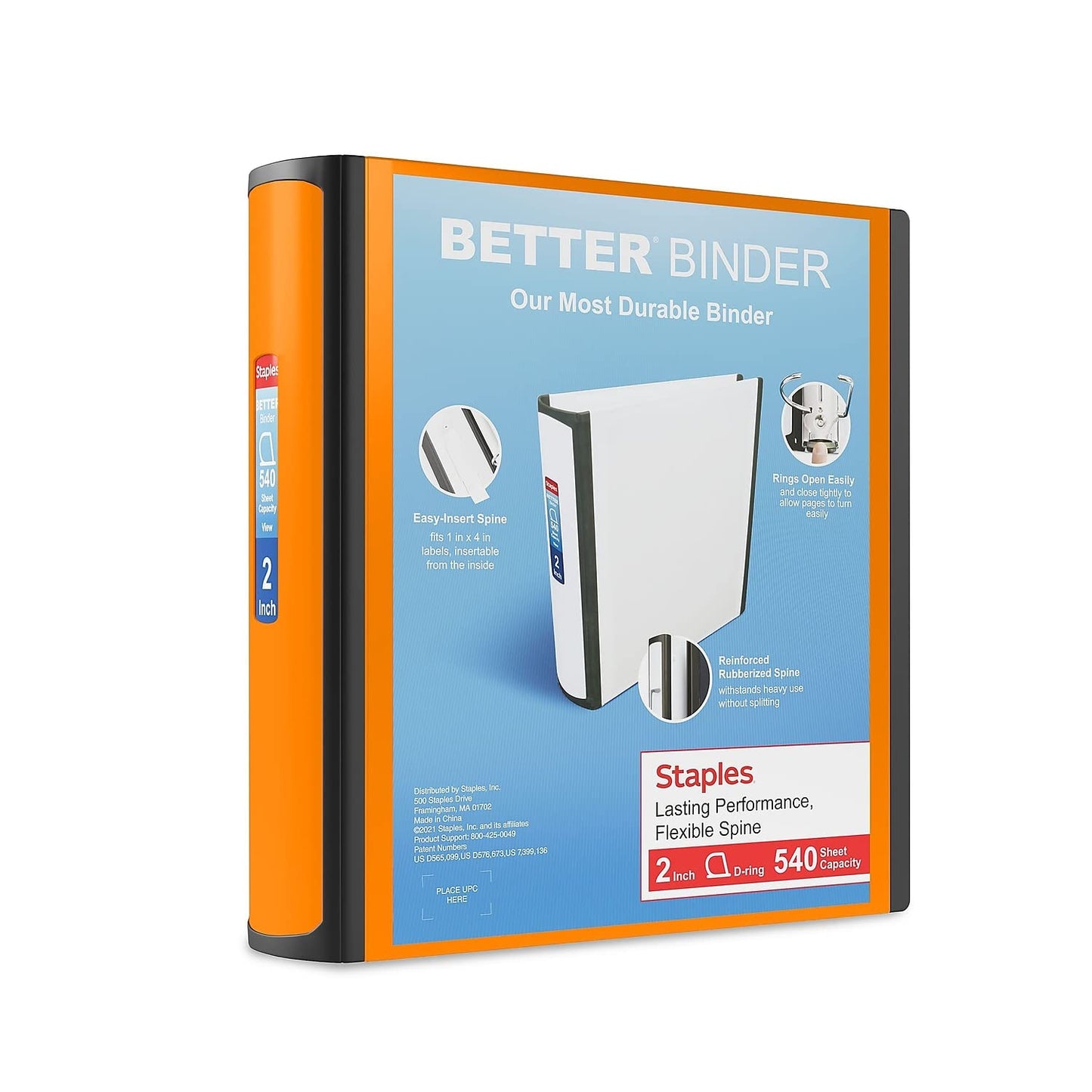 Staples Better Binder, 2 Inch D-Ring, Bright Orange, Reinforced Spine