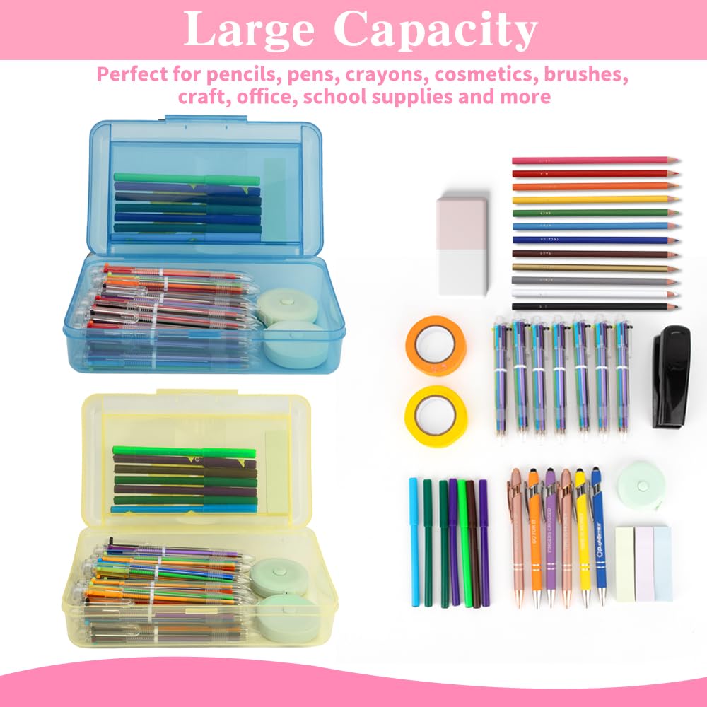 Pencil Case Box, 2 PCS Navy Blue Yellow Double Layer Large Capacity Plastic Pencil Boxs, Clear Hard