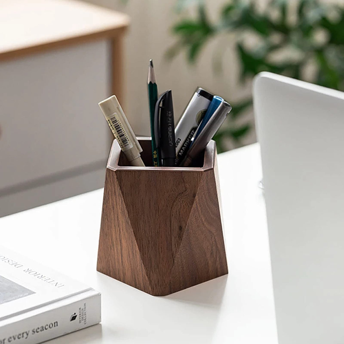 Soseelnee Black Walnut Wooden Pencil Box, Multiple-Use Desk Writing Stationary Organizer Wood Pen