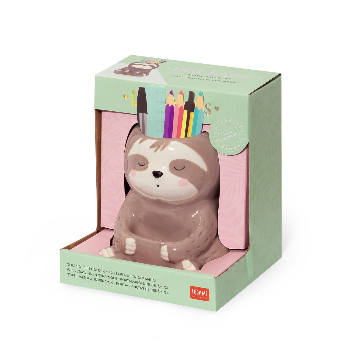 LEGAMI Desk Friends Ceramic Pen Holder, 9.2 x 10.4 cm, Sloth Theme, for Desk, Hand Painted