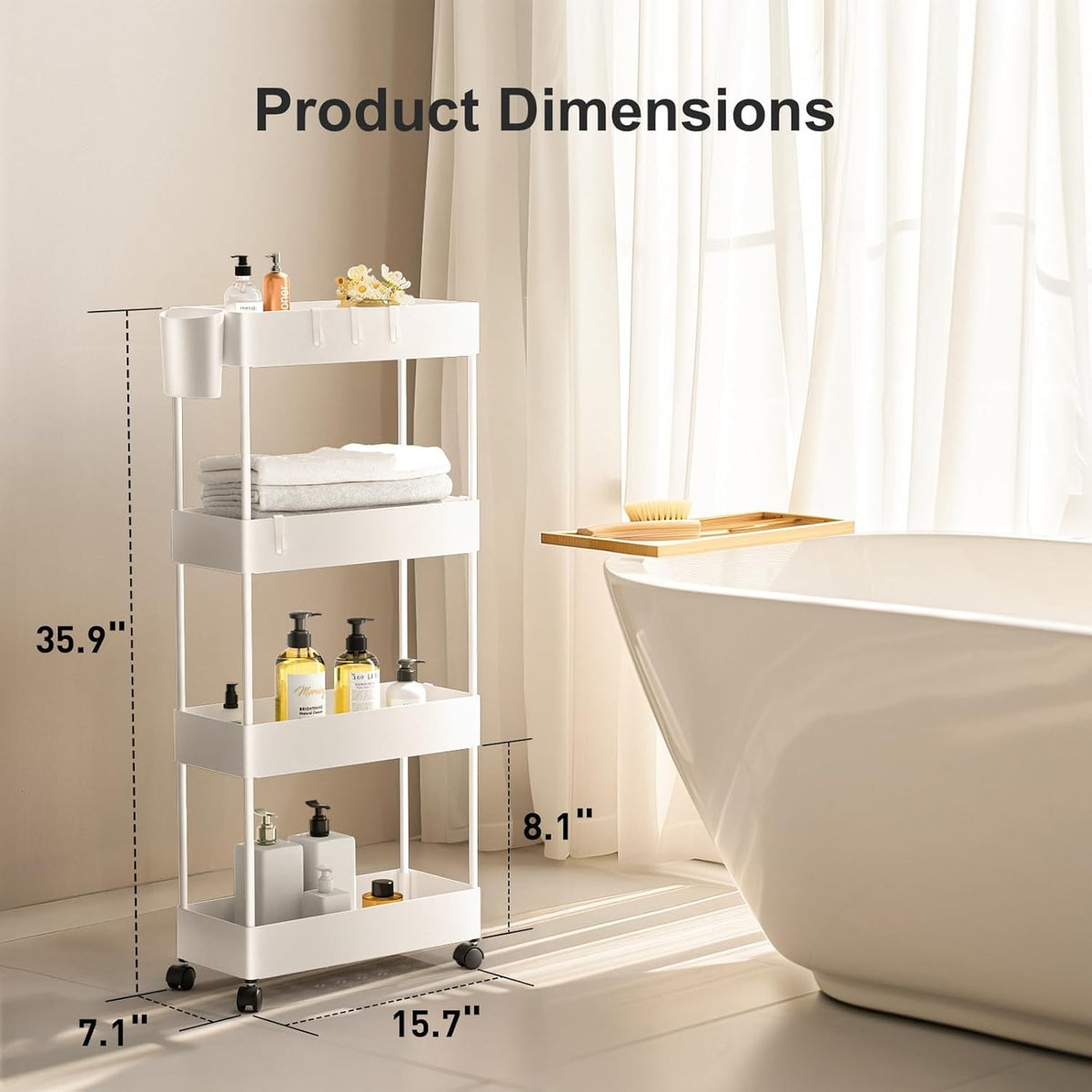 Pipishell 4 Tier Slim Storage Cart with Wheels, Laundry Cart, White
