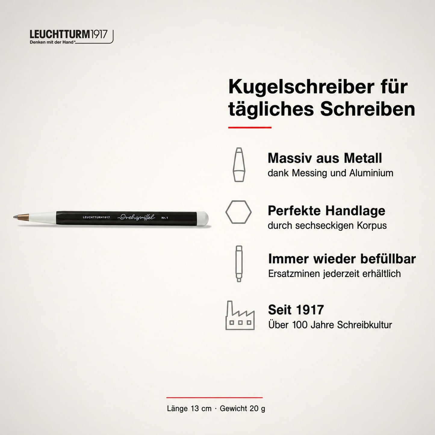 LEUCHTTURM1917 - Drehgriffel Writing Pen (Black) - Ballpoint Pen with Royal Blue Ink Included