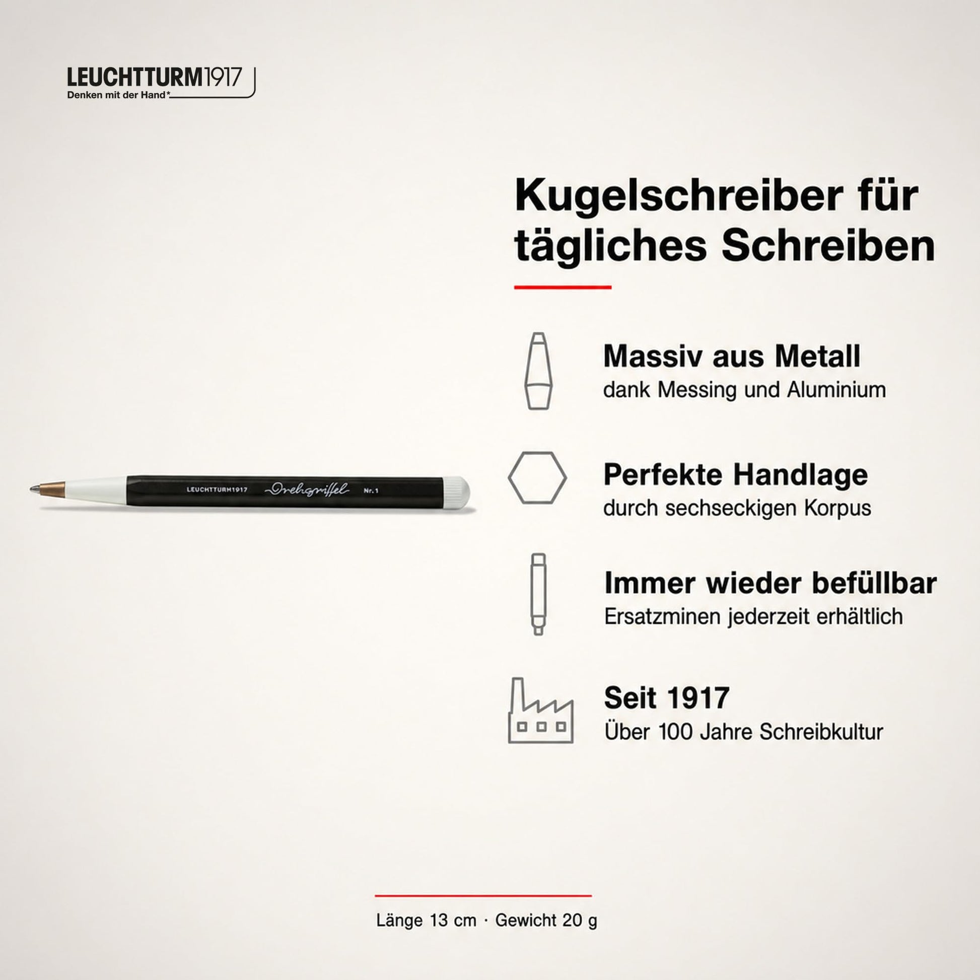 LEUCHTTURM1917 - Drehgriffel Writing Pen (Black) - Ballpoint Pen with Royal Blue Ink Included