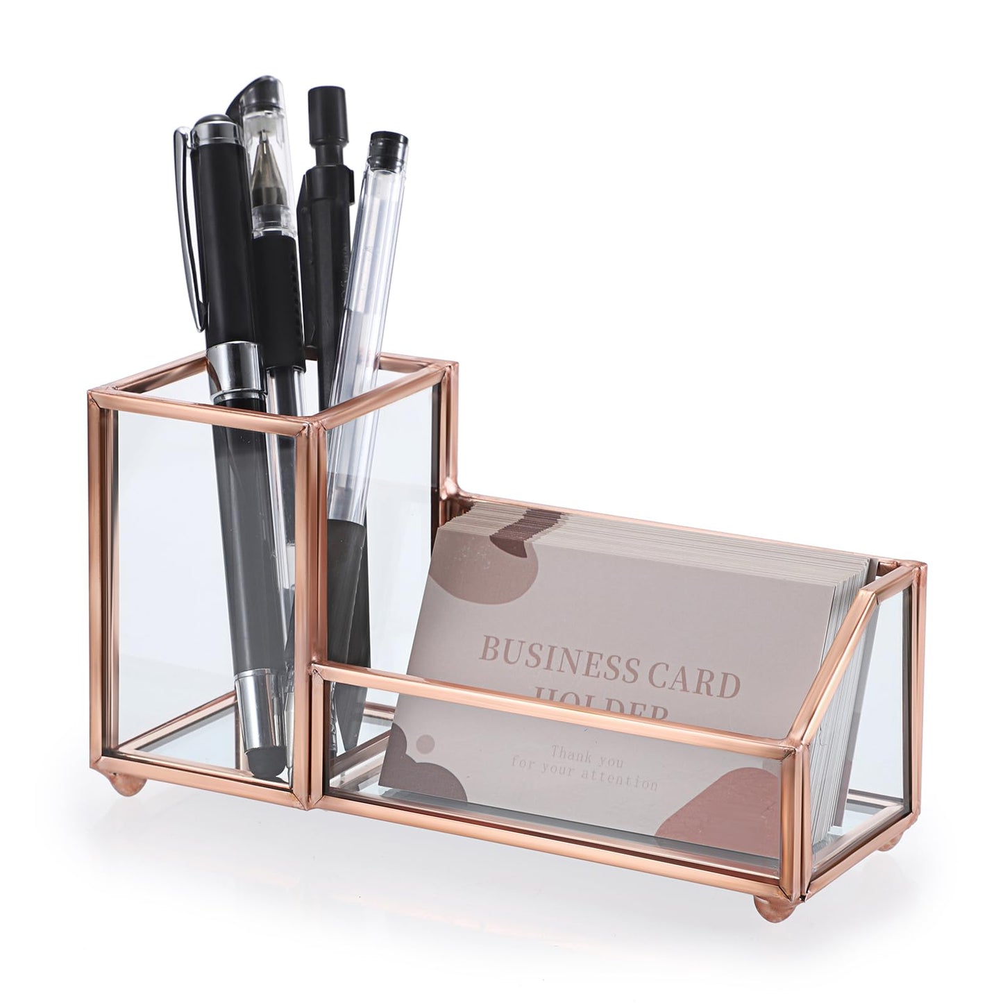 Hipiwe Glass Business Card Organizer with Pen Holder for Women, Rose Gold