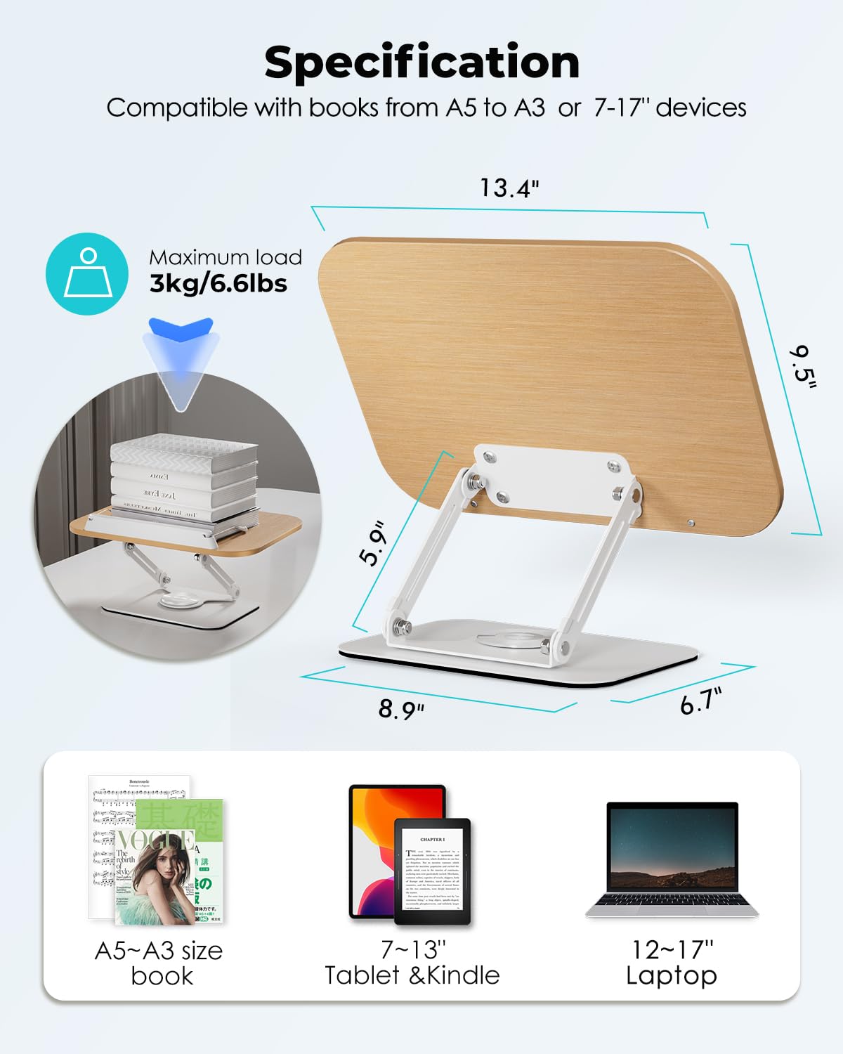 Viozon Book Stand for Reading,Book Holder, Height&Angle Adjustable, 360° Rotating Base, Foldable