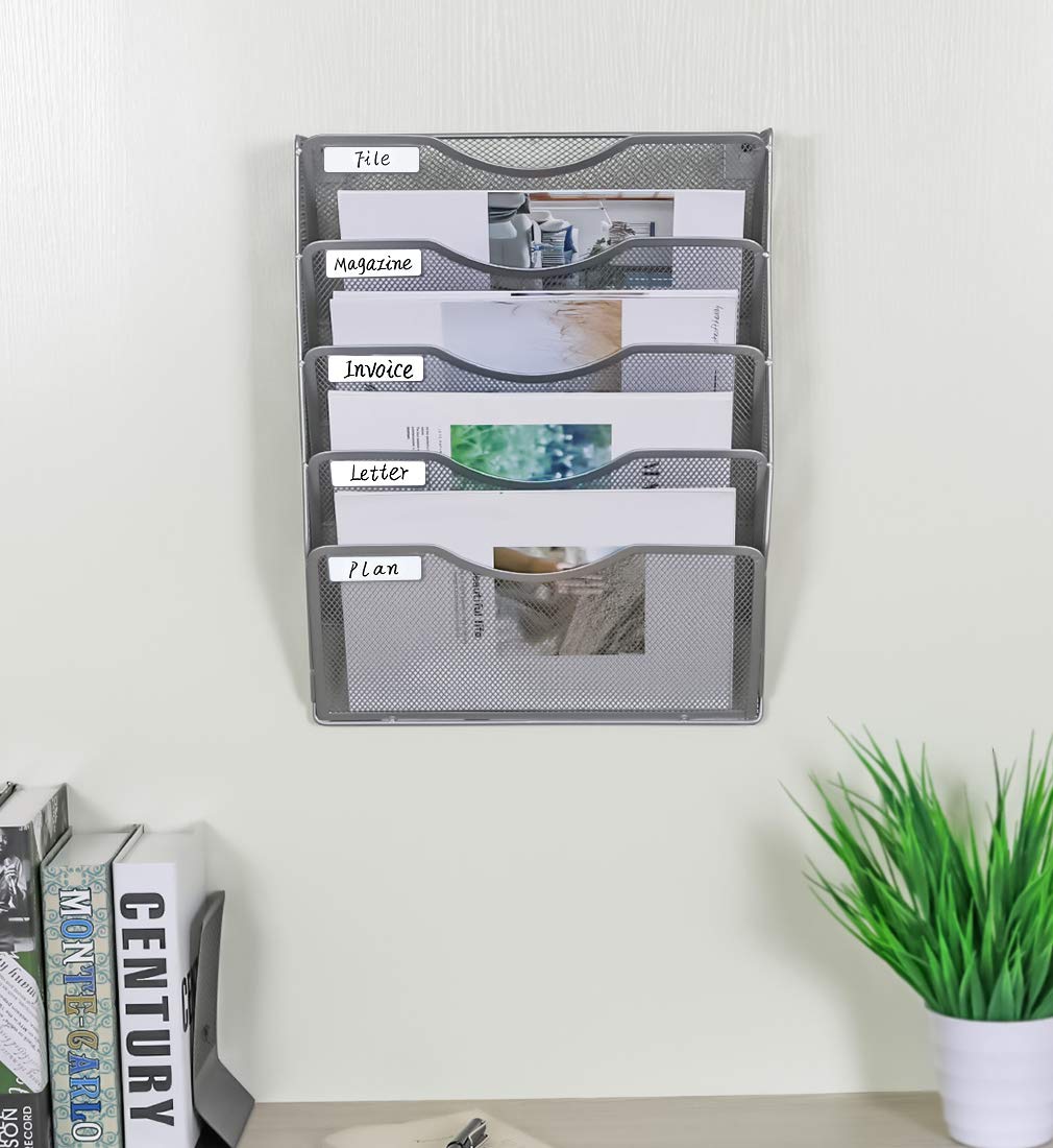 EasyPAG Wall File Organizer 5 Tier Hanging Paper Folder Holder, Zero Assembly Metal Mesh Wall