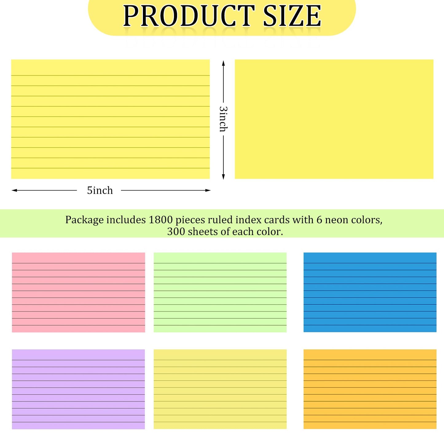 Tecmisse 1800 Colored Index Cards 3x5 Ruled, Heavy Note Cards Bulk