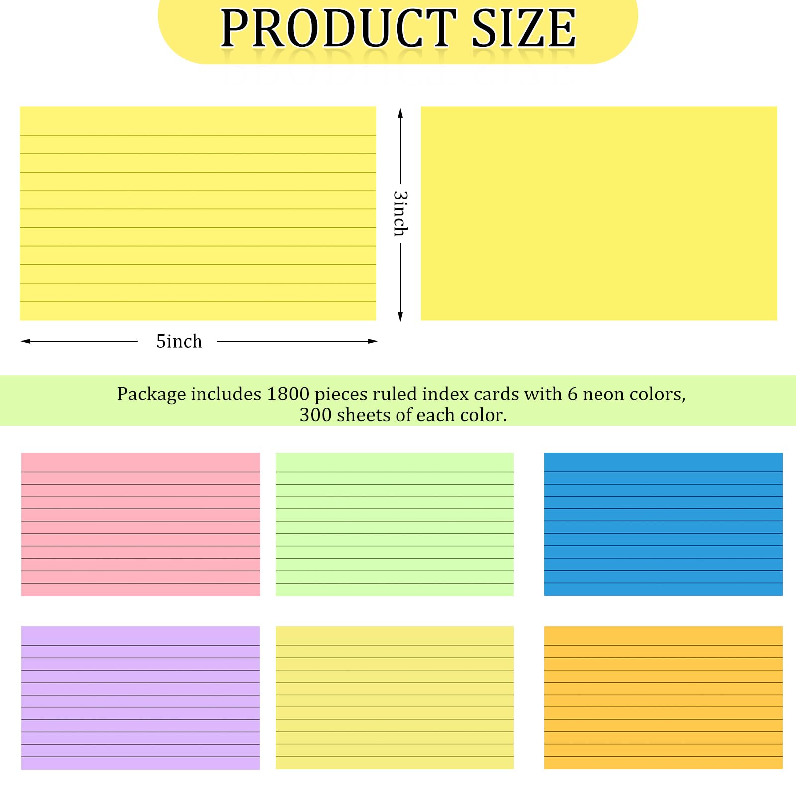Tecmisse 1800 Colored Index Cards 3x5 Ruled, Heavy Note Cards Bulk