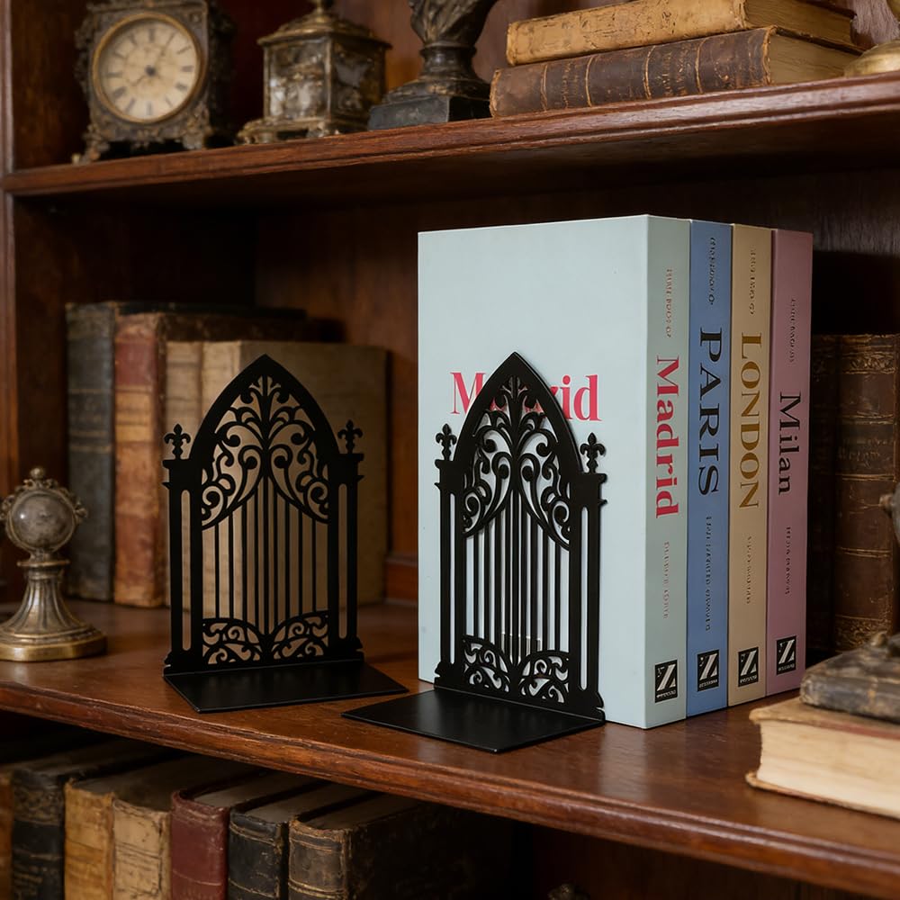 3Pairs Gothic Book Ends, Heavy Duty Metal Bookends for Shelves
