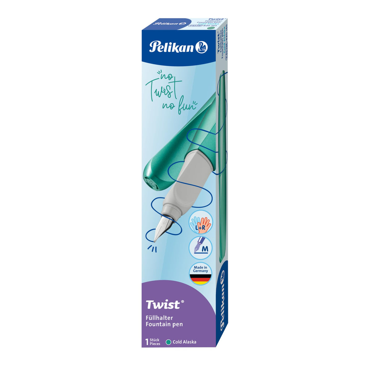Pelikan Twist Fountain Pen with 1 Ink Cartridge, Medium Nib, Cold Alaska, Boxed (820165)