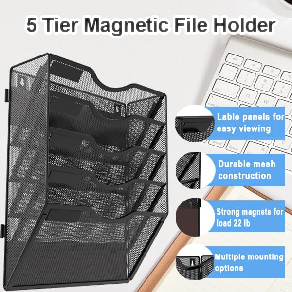 LQPAFZ 5 Tier Magnetic File Holder for File Cabinets, Refrigerator, Whiteboard, Office, No Drilling