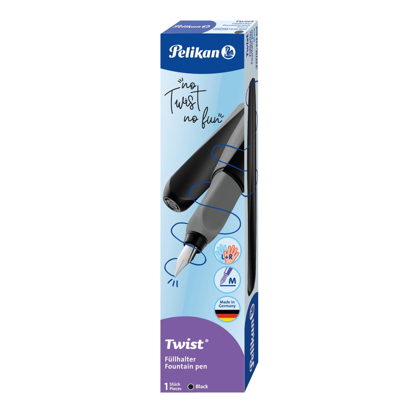 Pelikan Twist Fountain Pen with 1 Ink Cartridge, Medium Nib, Black, Boxed (946806)
