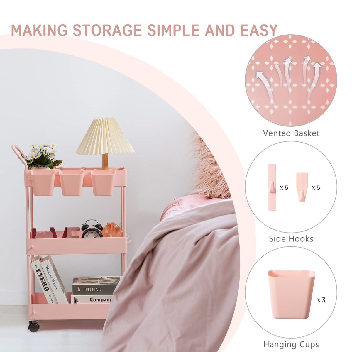 danpinera Slim Storage Cart, 3 Tier Narrow Rolling Cart on Wheels Bathroom Organizer with Dividers