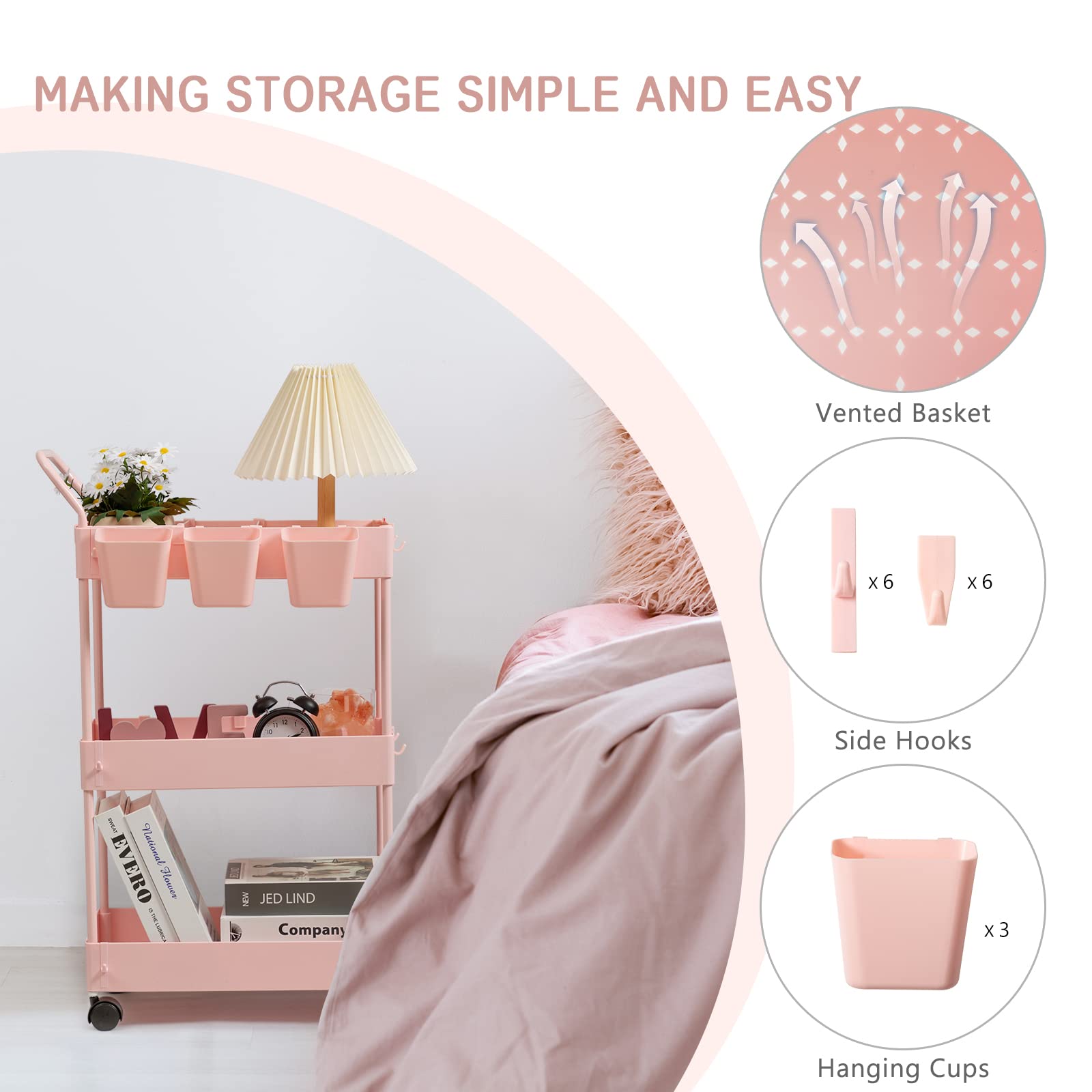 danpinera Slim Storage Cart, 3 Tier Narrow Rolling Cart on Wheels Bathroom Organizer with Dividers