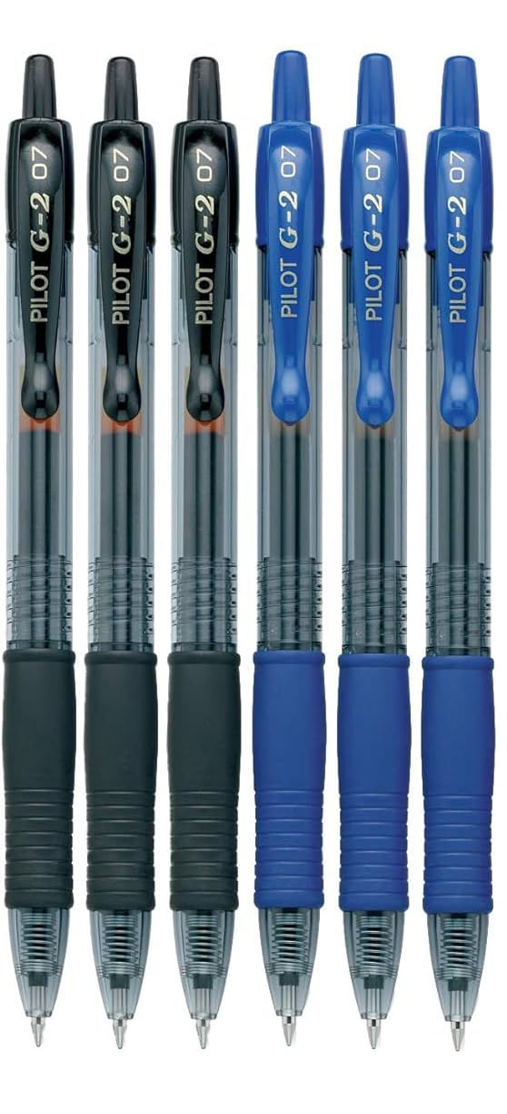 Pilot G2 Retractable Premium Gel Pens (6-pk), Fine Point, Black/Blue Ink, Refillable & Comfort Grip