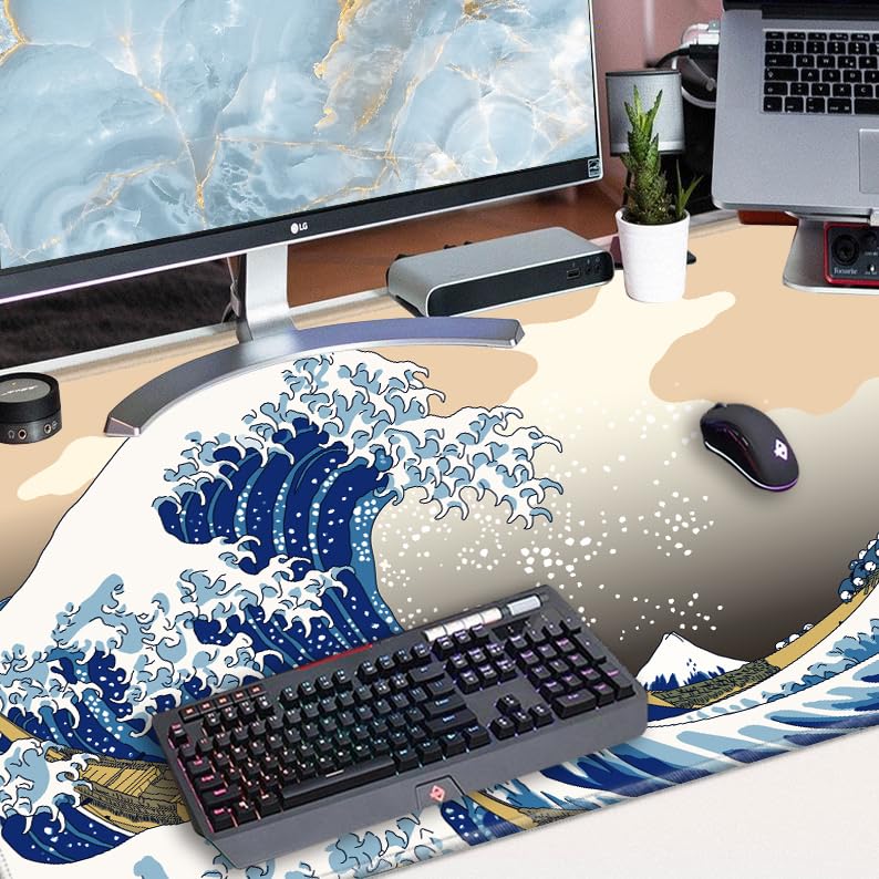 24x48 Mouse Pad Gaming Desk Mat Giant Japanese Sea Wave Mousepad Large Desk Pad Oversized Huge