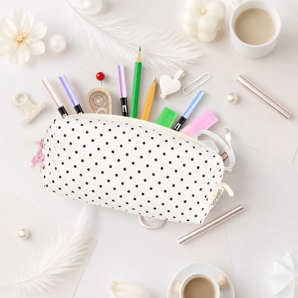 shiprabags Cute Quilted Pencil Case for Women, Aesthetic Small Floral Pencil Pouch, Slim Soft