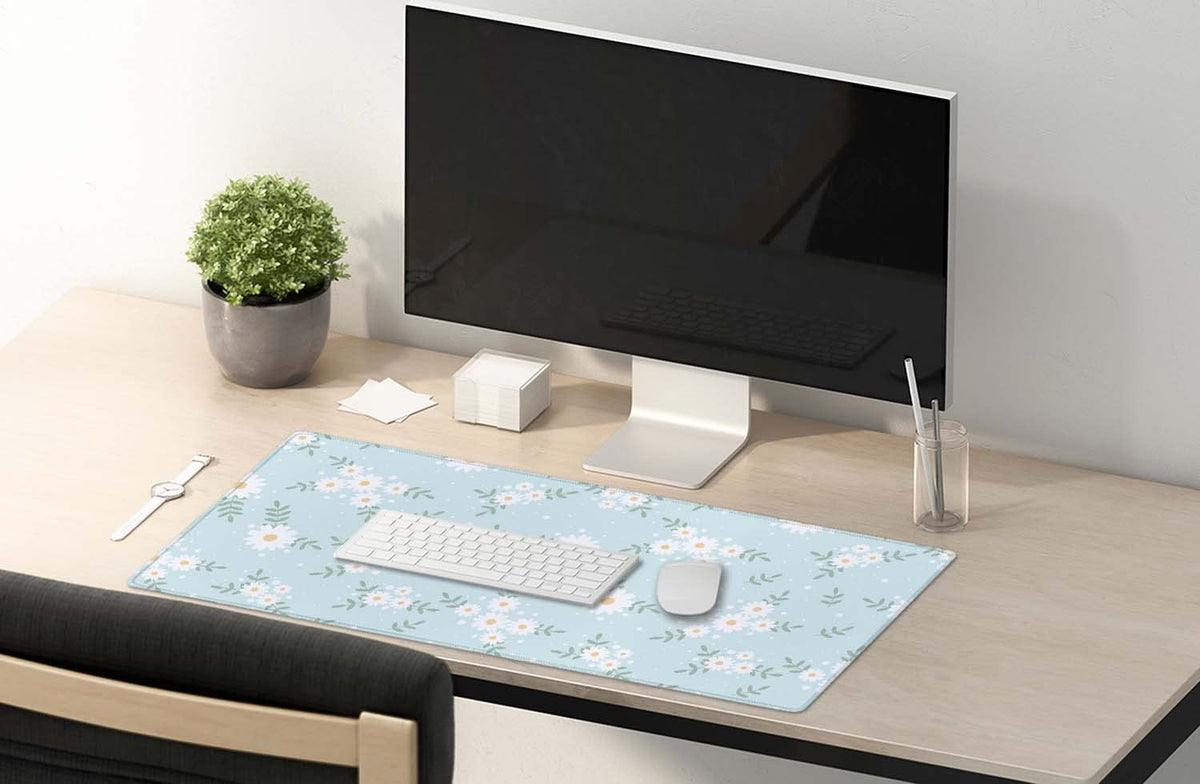 SSOIU Cute Spring Flowers Desk Mat, White Daisy Flower Mat, Extra Large Home Office Cute
