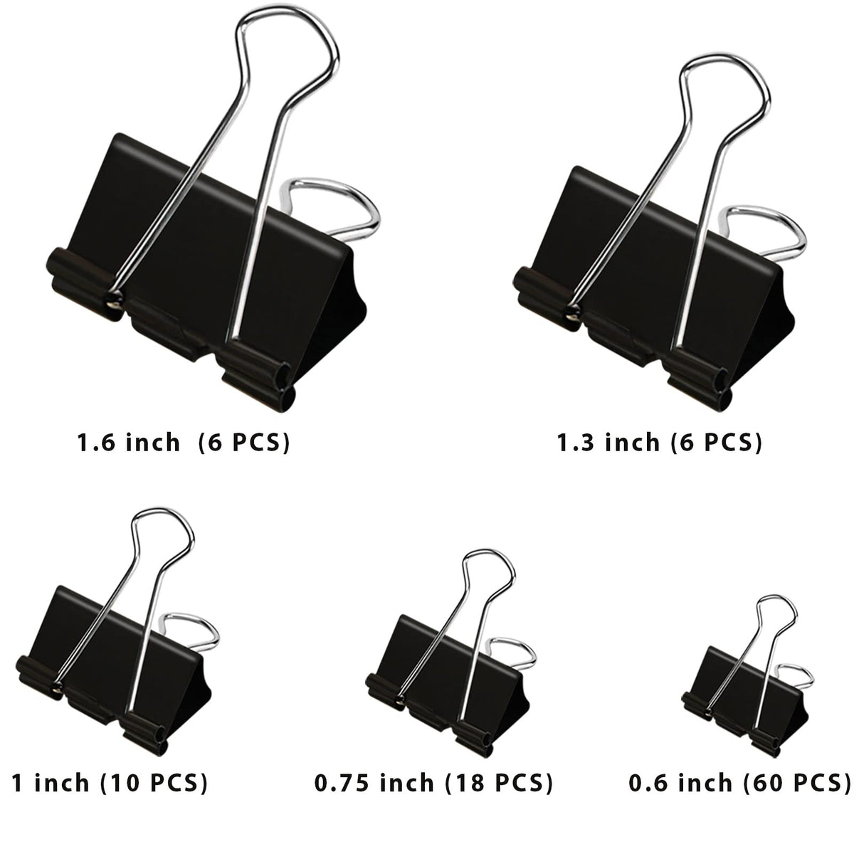 Binder Clips Assorted Sizes Paper Clamps, XLarge, Large, Medium, Small, Mini, 100Count Black Paper