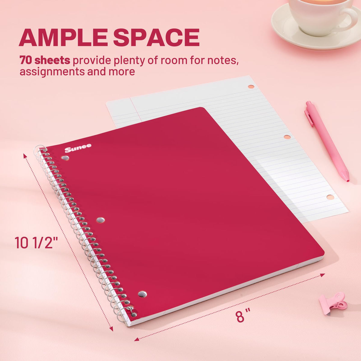 SUNEE Spiral Notebooks, 3 Pack, 1-Subject, College Ruled Paper, 8" x 10-1/2", 70 Sheets per