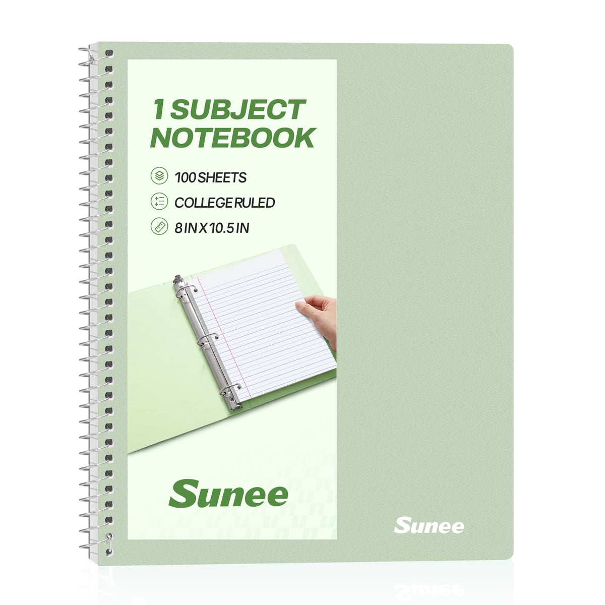 SUNEE Spiral Notebook, 1-Subject, College Ruled Paper, 8" x 10-1/2", 100 Sheets per Notebook