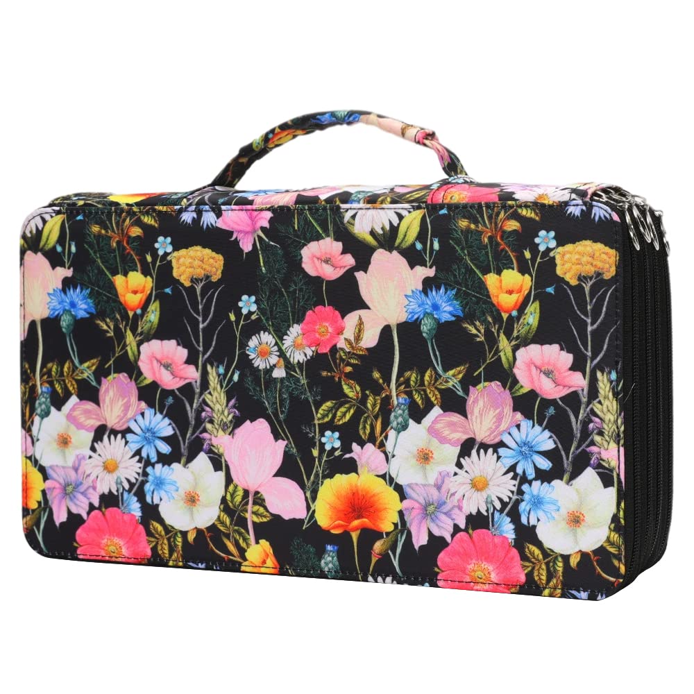 Vomgomfom 300 Slots Marker Case 4-Layer PU Leather, Handle, Black Flower
