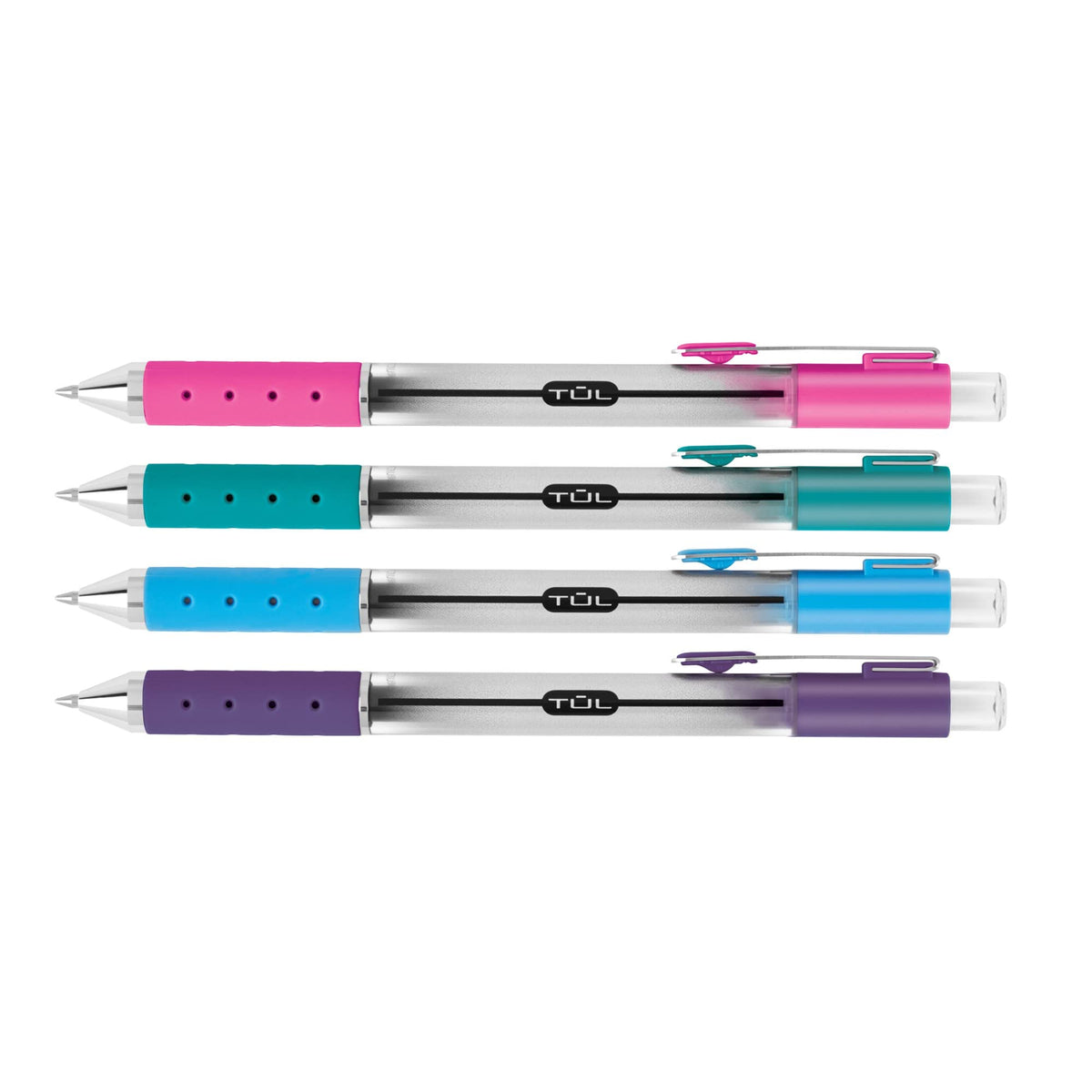 TUL GL Series Retractable Gel Pens, Fine Point, 0.5 mm, Silver Barrel, Assorted Ink, Pack Of 4