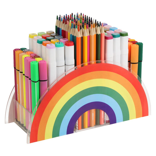 Flytreal Acrylic Pen Pencil Holder Clear Desk Organizer, Rainbow Home Office Desk Pen Storage