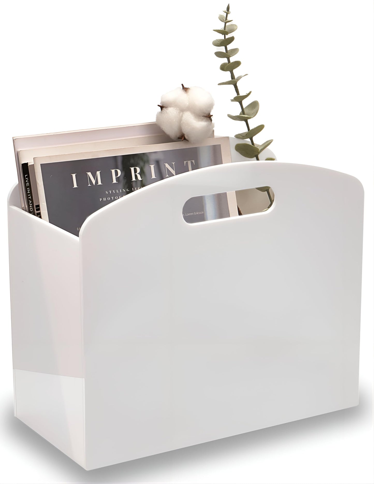 Meicloud White Magazine Holder - Acrylic Magazine Rack Floor, Newspaper Stand with handles, Modern