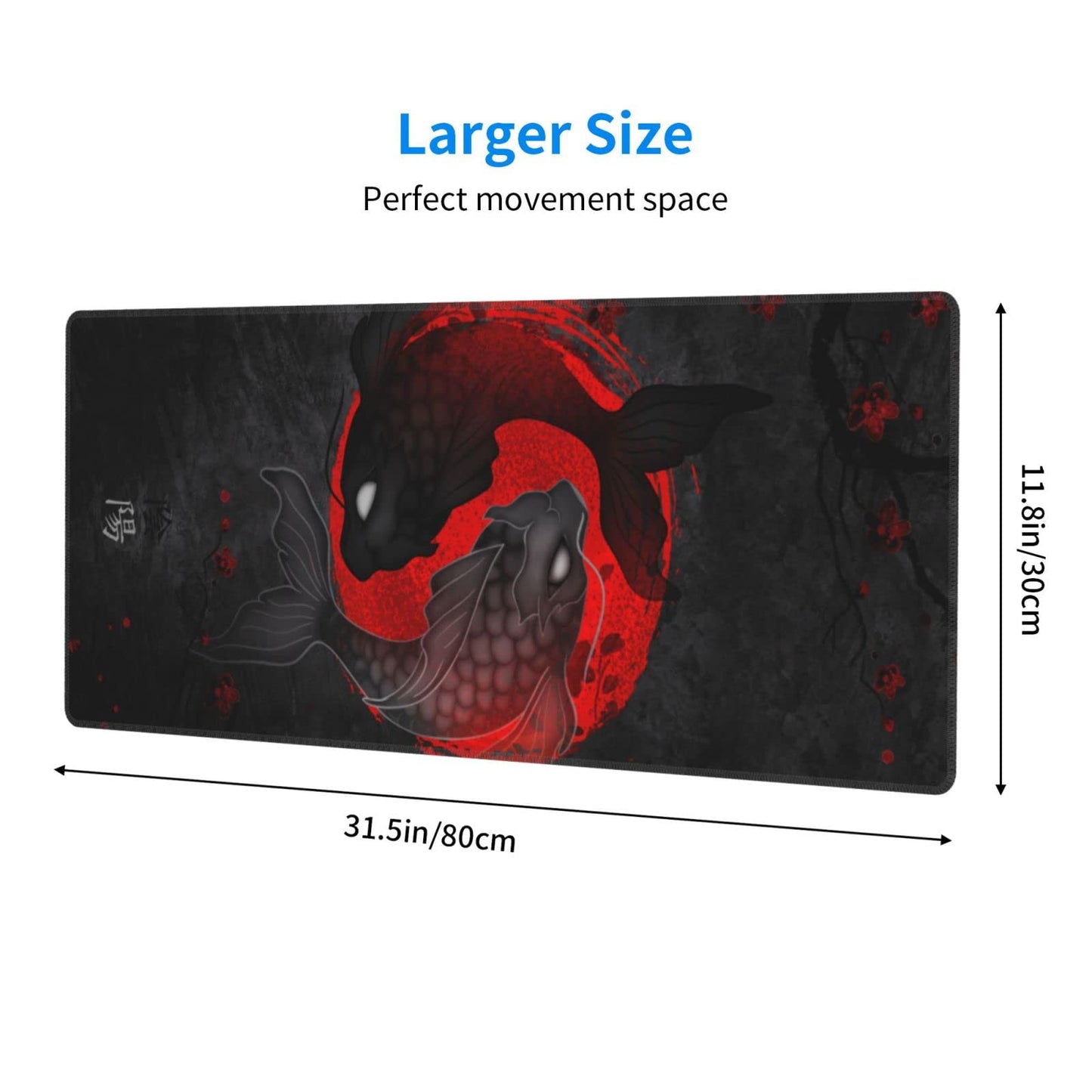 Japanese Yin and Yang Koi Carp Gaming Mouse Pad XL, Non Slip Rubber Base Mousepad, Stitched Edges