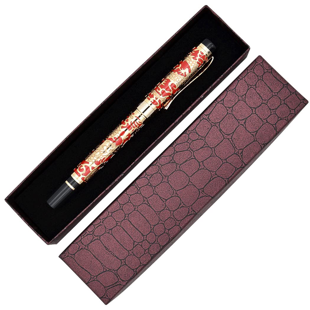 zoohot Jinhao Dragon Pen Fine Nib Fountain Pen with Converter and Box Set (Red)