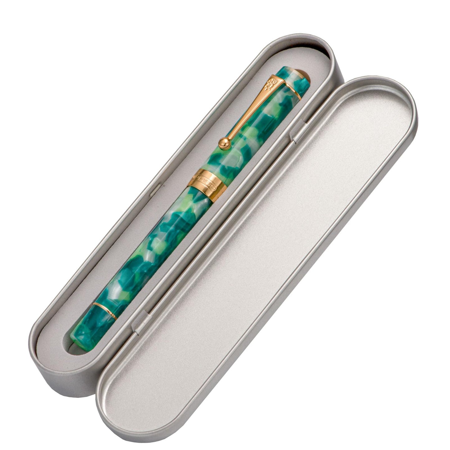Jinhao Classic Fountain Pen Green Marble Gold Trim, M Nib with Converter and Pen Case Set