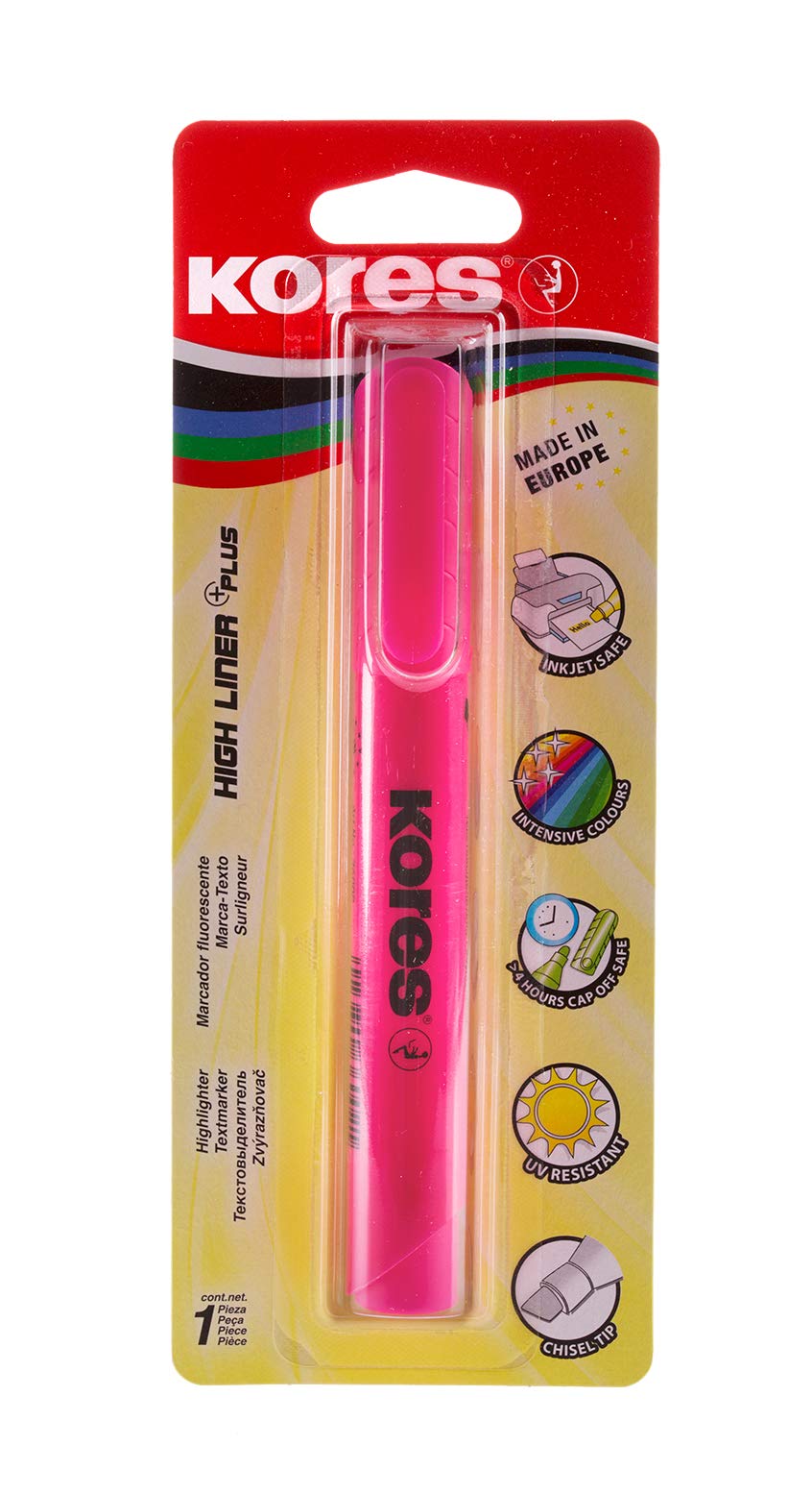 Kores High Liner Plus Highlighter Pens, Chisel Tip, Pink, Blister Pack of 1