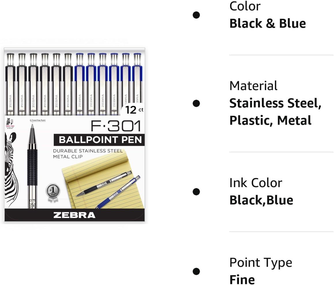 Zebra Pen F-301 Retractable Ballpoint Pen, Stainless Steel Barrel, Fine Point 0.7mm, Non-Slip Grip