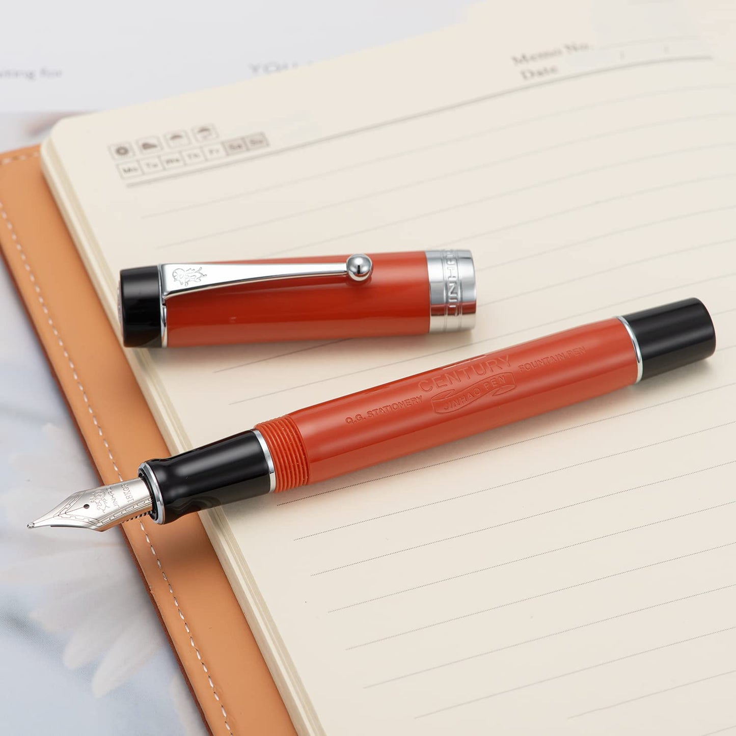 Jinhao Classic Fountain Pen Orange Red with Jinhao Stamp, Celluloid Silver Trim, Fine Nib with