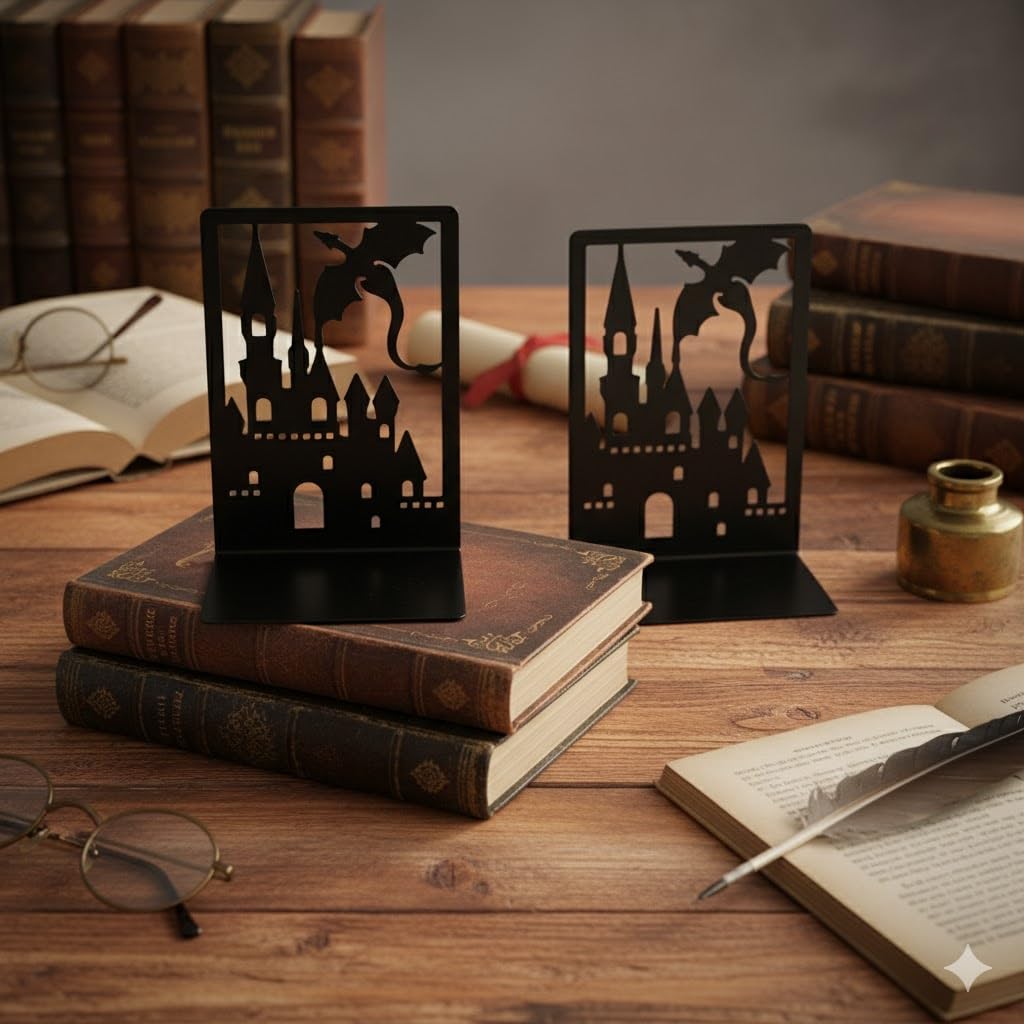 4 Pairs Dragon Book Ends, Heavy Duty Metal Bookends for Shelves