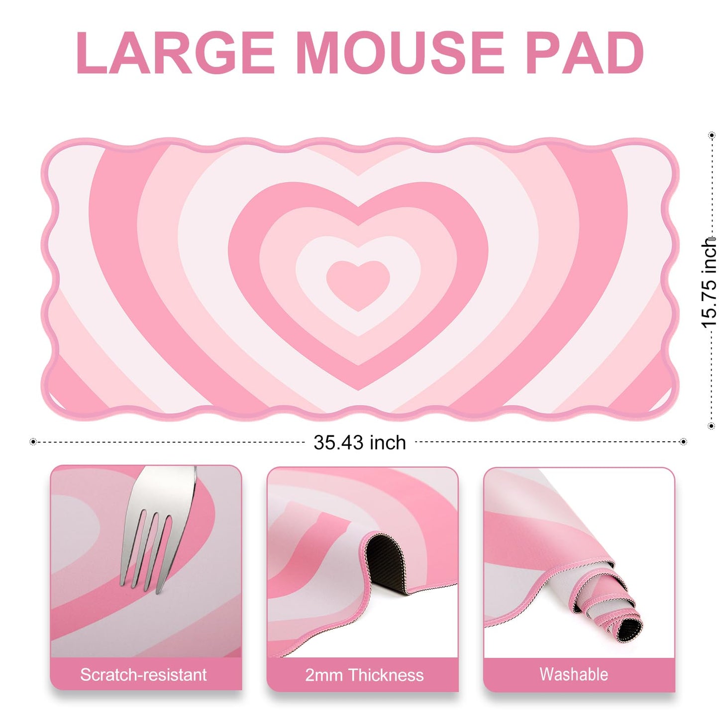 L-SPOUTTO Pink Mouse Pad,Cute Desk Mat XXL Large Scalloped Gaming Mousepad,35.4x15.7in Non-Slip