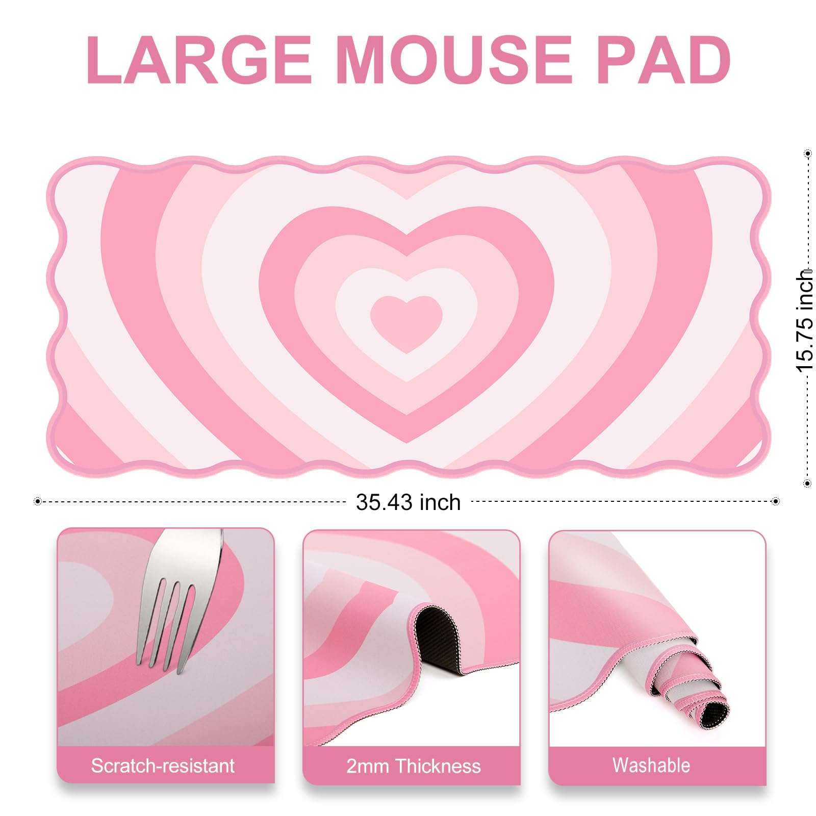 L-SPOUTTO Pink Mouse Pad,Cute Desk Mat XXL Large Scalloped Gaming Mousepad,35.4x15.7in Non-Slip