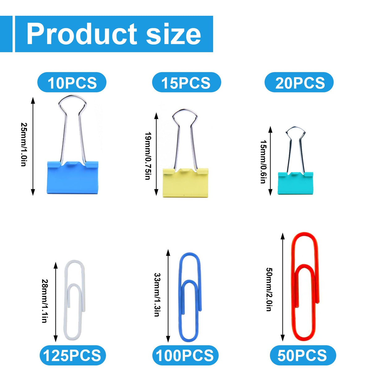 320PCS Paper Clips Binder Clips,Colored Paperclips and BinderClips Assorted Sizes(S/M/L),Colored