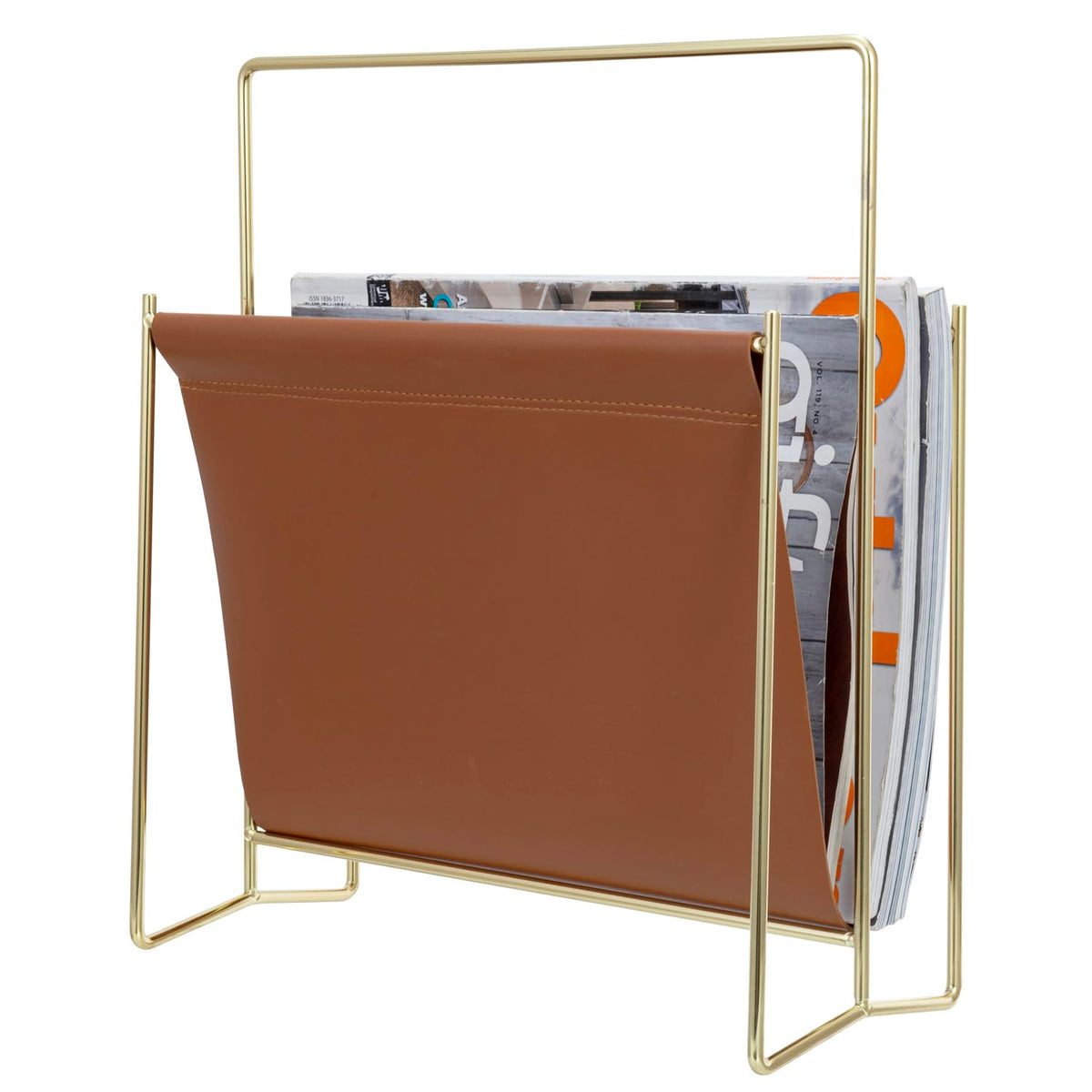 MyGift 13 inch Modern Caramel Leatherette Magazine Holder Floor Standing Sling Style Rack with
