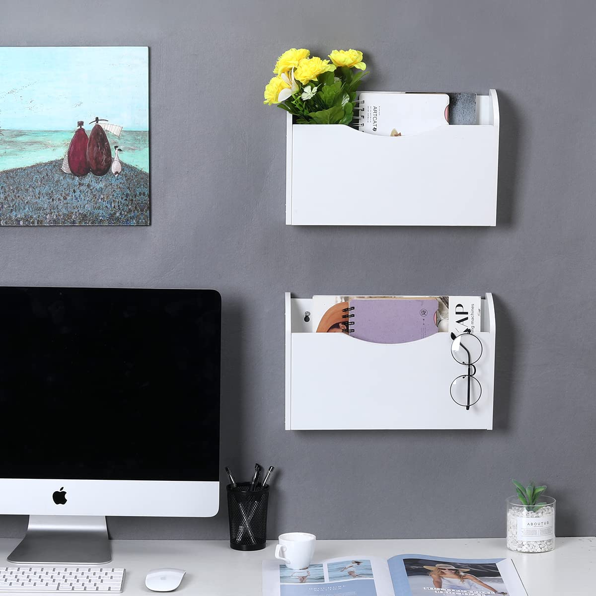 PAG-Mass Wall File Holder Wall Mounted Wood Hanging File Organizer for Office, 2 Pockets, White